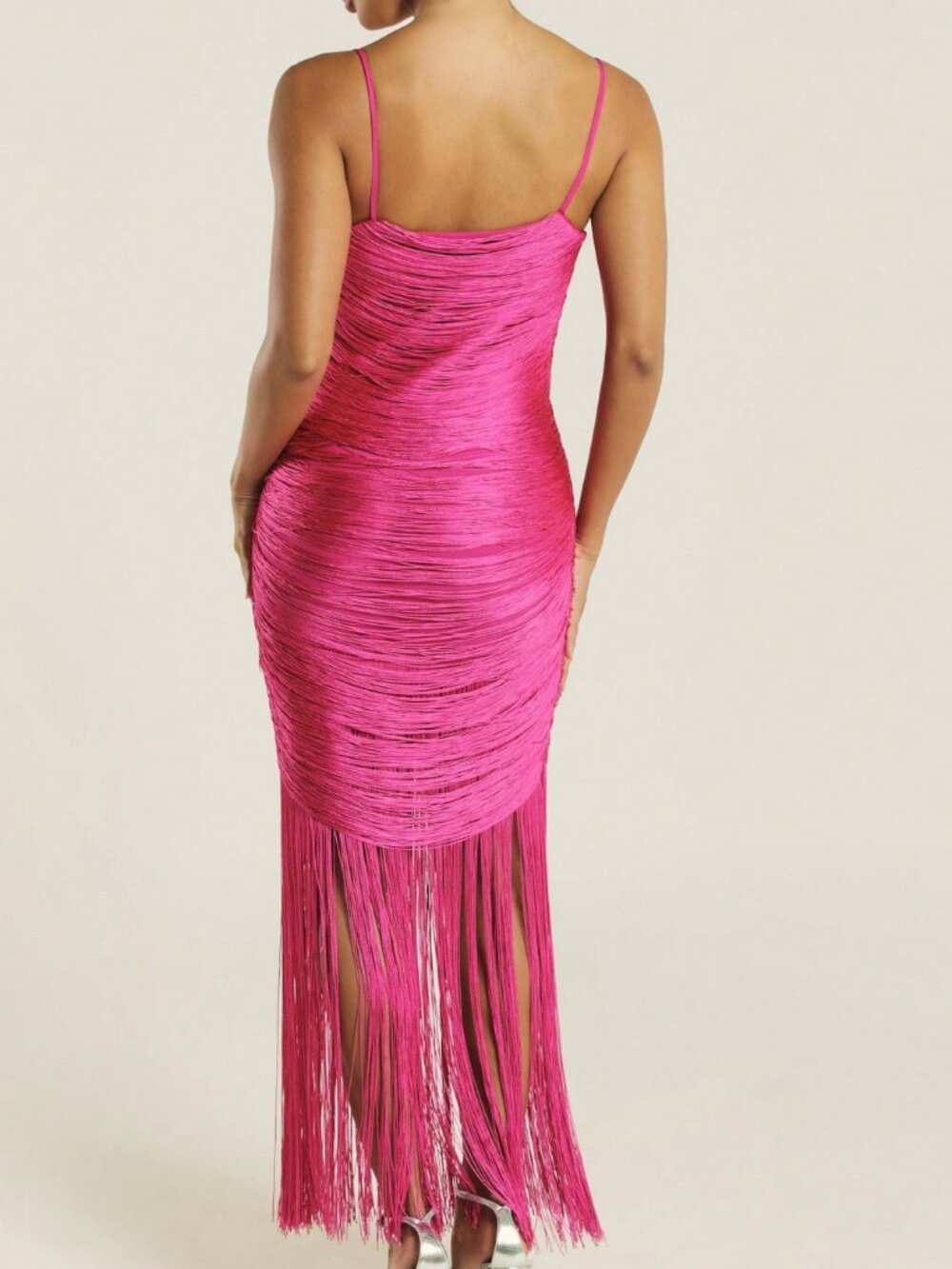 Hot Pink Ruched Midi Women's Dress with Fringe Hem Spaghetti Strap - Picture 2 of 8